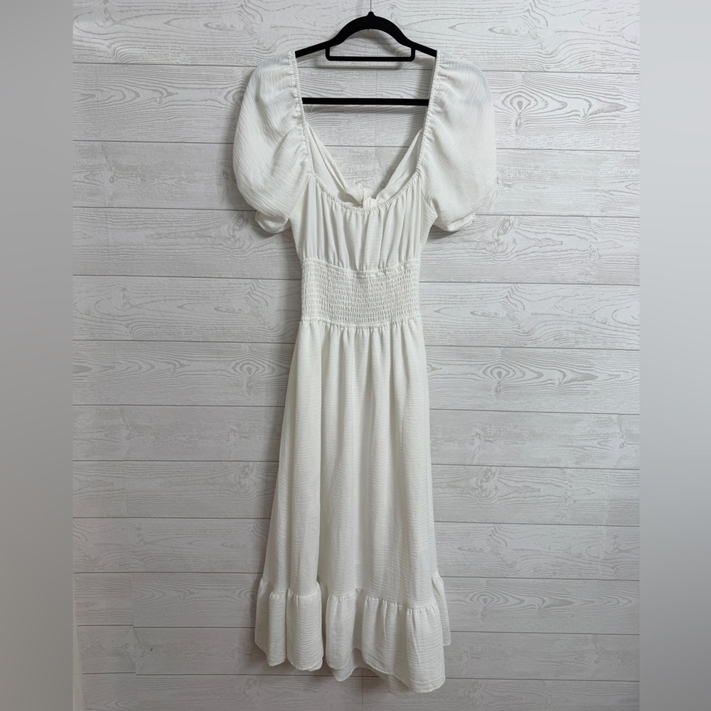 White Puff-Sleeve Midi Dress - Unknown Brand